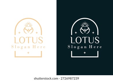 Logotipo de meditação de lótus celestial com figura humana e estrelas em quadro de arco para o bem-estar espiritual, estúdio de Yoga e marca estética de luxo