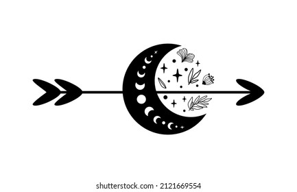 Celestial love arrow symbol. Black half moon phase stars, flowers on arrow. Valentines day symbol. Decorative romantic moon cycle graphic element isolated on white Vector illustration. Crescent symbol
