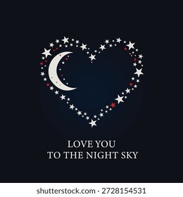 Celestial Love: An enchanting design featuring a heart composed of stars embracing the gentle curve of a crescent moon, all set against the serene backdrop of the night sky.