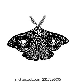 Celestial Luna Moth Linocut Vektorsymbol. Mystic Floral Insekt Silhouette einzeln auf weißem Hintergrund. Boho und Magic Witchy Aug Clipart Kunst, Occult Symbol Illustration. Black Butterfly Print for T Shirt