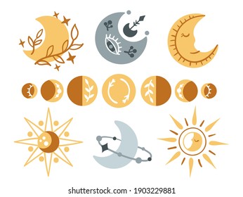 Celestial lunar boho clipart set, isolated Moon phases, sun and stars on white background, kids mystical space baby illustration, decorative vector design elements