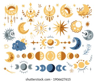 Celestial Lunar Boho Clipart Set, Isolated Moon Phases, Sun And Stars On White Background, Kids Mystical Space Baby Illustration, Decorative Vector Design Elements