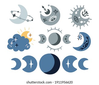 Conjunto de clipart de boho lunar celestial, fases aisladas de la luna, nube y estrellas sobre fondo blanco, niños místicos de la ilustración del bebé, elementos decorativos de diseño vectorial