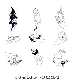 Celestial Lunar hands set. Mystical illustration with planets, moon and stars. Vector isolated concept.