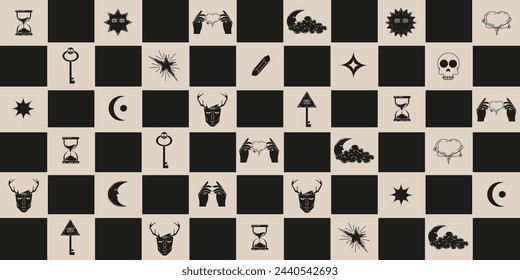 Celestial Magic background with Mystical Linocut symbols. Design masson wallpaper. Vector illustration can used web banner poster art. Aesthetic EPS 10 Editable stroke