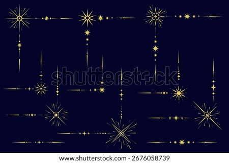 Celestial magic borders. Mystic ornament with sun and stars. Astrology corner element and elegant divider with spiritual symbols. Vector vintage decorations with esoteric signs.