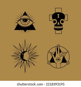 Celestial Magic color ilustración de íconos y símbolos de sol, luna, cristales, ojo malvado, manos brujas. Conjunto de símbolos esotéricos, alquimia y arte vectorial de brujería.