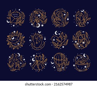 Celestial magic gold icon set. Logo star and moon vector illustration