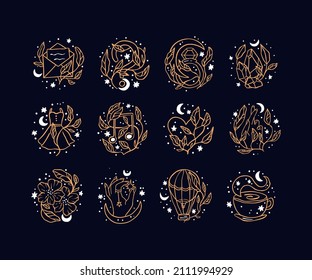 Celestial magic icon Social media highlight set - boho star and moon floral symbol