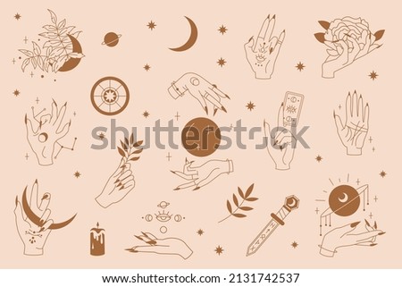 Celestial magic icons set with woman hands, crystal ball, moon phases, astrology, fortune telling and divination elements, palmistry in boho style. Vector stock  outline illustration. 