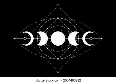 Celestial magic moon phases icons, Sacred Geometry, Eye of Providence mystical concept, alchemy All seeing eye, white logo tattoo, boho style vector isoalted on black background