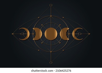 Celestial magic moon phases icons, Sacred Geometry, Eye of Providence mystical concept, alchemy All seeing eye, gold logo tattoo, boho style vector isoalted on black background