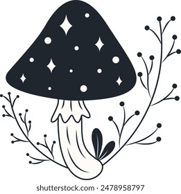 Celestial Magic Mushroom Clipart. Mystical Esoteric Elements. Isolated on White Background.