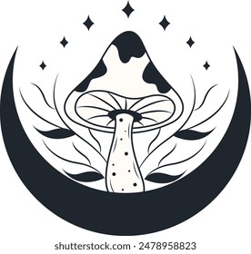 Celestial Magic Mushroom Clipart. Mystical Esoteric Elements. Isolated on White Background.