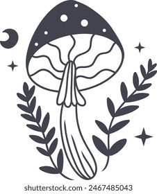 Celestial Magic Mushroom in Minimalist Doodle Style. Mystical Bohemian Mushroom.