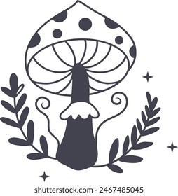Celestial Magic Mushroom in Minimalist Doodle Style. Mystical Bohemian Mushroom.