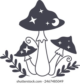 Celestial Magic Mushroom in Minimalist Doodle Style. Mystical Bohemian Mushroom.