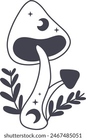 Celestial Magic Mushroom in Minimalist Doodle Style. Mystical Bohemian Mushroom.