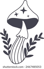 Celestial Magic Mushroom in Minimalist Doodle Style. Mystical Bohemian Mushroom.