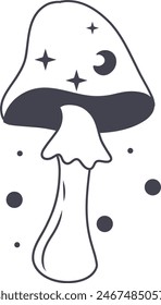 Celestial Magic Mushroom in Minimalist Doodle Style. Mystical Bohemian Mushroom.