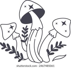 Celestial Magic Mushroom in Minimalist Doodle Style. Mystical Bohemian Mushroom.