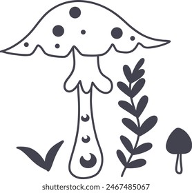 Celestial Magic Mushroom in Minimalist Doodle Style. Mystical Bohemian Mushroom.