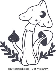 Celestial Magic Mushroom in Minimalist Doodle Style. Mystical Bohemian Mushroom.