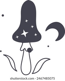 Celestial Magic Mushroom in Minimalist Doodle Style. Mystical Bohemian Mushroom.