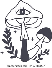 Celestial Magic Mushroom in Minimalist Doodle Style. Mystical Bohemian Mushroom.