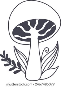 Celestial Magic Mushroom in Minimalist Doodle Style. Mystical Bohemian Mushroom.