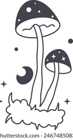 Celestial Magic Mushroom in Minimalist Doodle Style. Mystical Bohemian Mushroom.