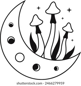 Celestial Magic Mushroom with Star and Moon Ornament. Mystical Boho Mushroom Vector Illustration.