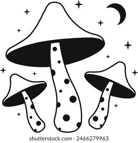 Celestial Magic Mushroom with Star and Moon Ornament. Mystical Boho Mushroom Vector Illustration.