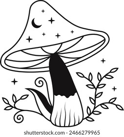 Celestial Magic Mushroom with Star and Moon Ornament. Mystical Boho Mushroom Vector Illustration.