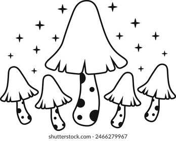 Celestial Magic Mushroom with Star and Moon Ornament. Mystical Boho Mushroom Vector Illustration.