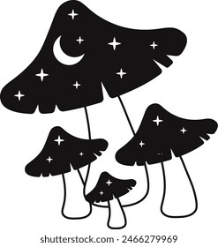 Celestial Magic Mushroom with Star and Moon Ornament. Mystical Boho Mushroom Vector Illustration.