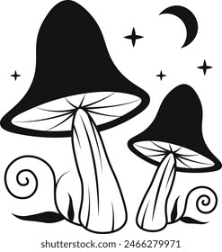 Celestial Magic Mushroom with Star and Moon Ornament. Mystical Boho Mushroom Vector Illustration.