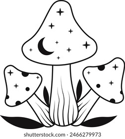 Celestial Magic Mushroom with Star and Moon Ornament. Mystical Boho Mushroom Vector Illustration.