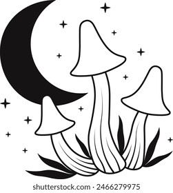 Celestial Magic Mushroom with Star and Moon Ornament. Mystical Boho Mushroom Vector Illustration.