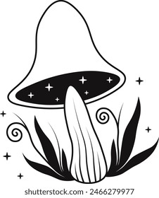 Celestial Magic Mushroom with Star and Moon Ornament. Mystical Boho Mushroom Vector Illustration.