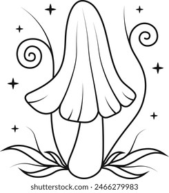 Celestial Magic Mushroom with Star and Moon Ornament. Mystical Boho Mushroom Vector Illustration.