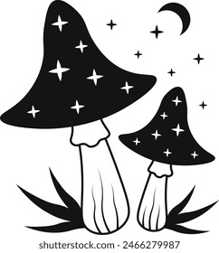 Celestial Magic Mushroom with Star and Moon Ornament. Mystical Boho Mushroom Vector Illustration.