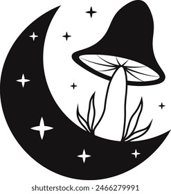 Celestial Magic Mushroom with Star and Moon Ornament. Mystical Boho Mushroom Vector Illustration.