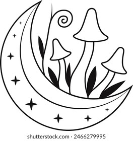 Celestial Magic Mushroom with Star and Moon Ornament. Mystical Boho Mushroom Vector Illustration.