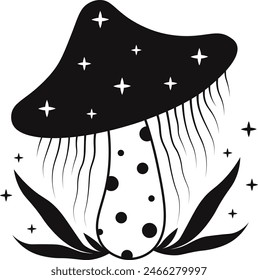 Celestial Magic Mushroom with Star and Moon Ornament. Mystical Boho Mushroom Vector Illustration.