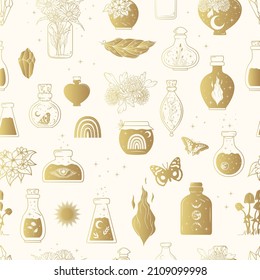 Himmelsreich, zauberhaft und mystischer Hintergrund in goldener Farbe. Nahtloses Muster mit esoterischen und witzigen Symbolen im Boho-Stil für Textil-, Verpackungs- oder Designdekorationen.