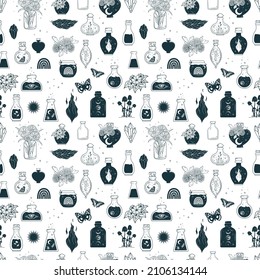 Himmelsreich, magisch und mystisch. Nahtloses Muster mit esoterischen und witzigen Symbolen im Boho-Stil für Textil-, Verpackungs- oder Designdekorationen.