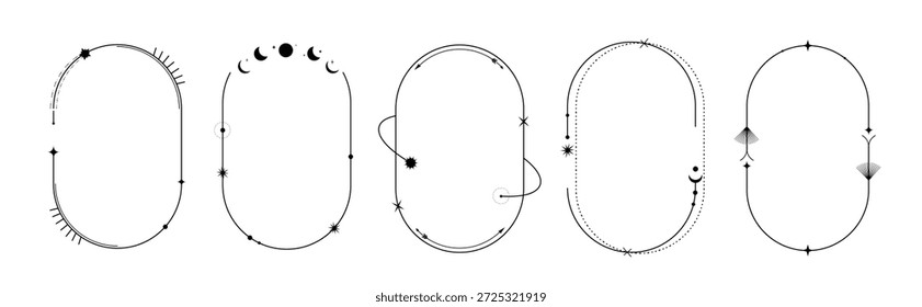 Magia celestial, ilustración mística y esotérica de marcos ovalados. Dibujo de líneas de marcos con símbolos celestes.