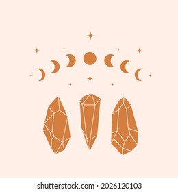Celestial, magic and mystical illustration. Crystals with moon and stars