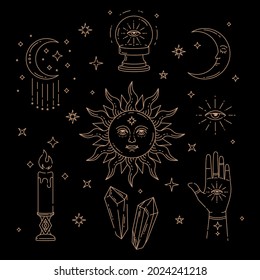Die Himmelsmagie umreißt die goldene Illustration von Symbolen und Symbolen von Sonne, Mond, Kristallen, bösen Augen, Hexenhand. Satz von Esoterischen Symbolen, Alchemie und Hexerei, Vektorkunst auf schwarzem Hintergrund.
